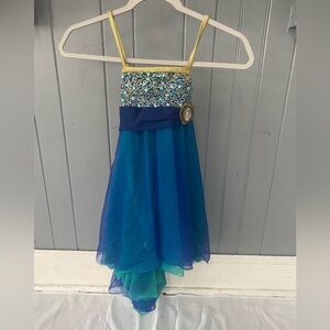 Curtain Call Flowers in Bloom Blue & Gold Dance Costume Empire Waist Dress